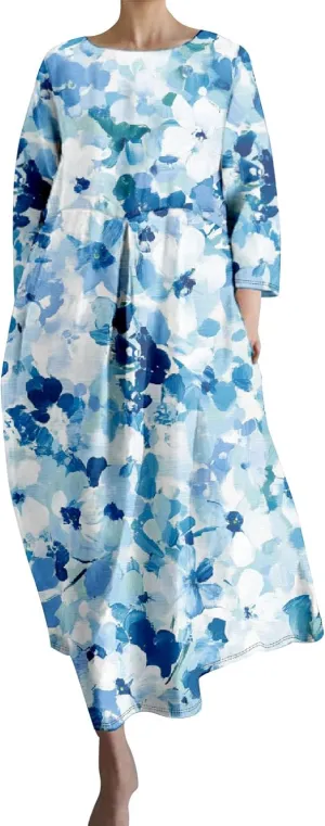 Linen Maxi Dress for Women Vintage Floral Print Plus Size Summer Casual 3/4 Sleeve Dresses with Pockets
