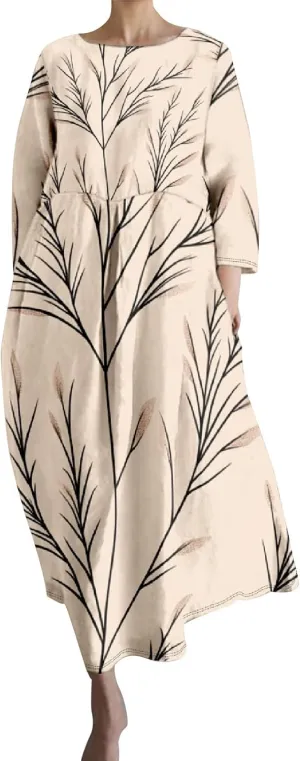 Linen Maxi Dress for Women Vintage Floral Print Plus Size Summer Casual 3/4 Sleeve Dresses with Pockets