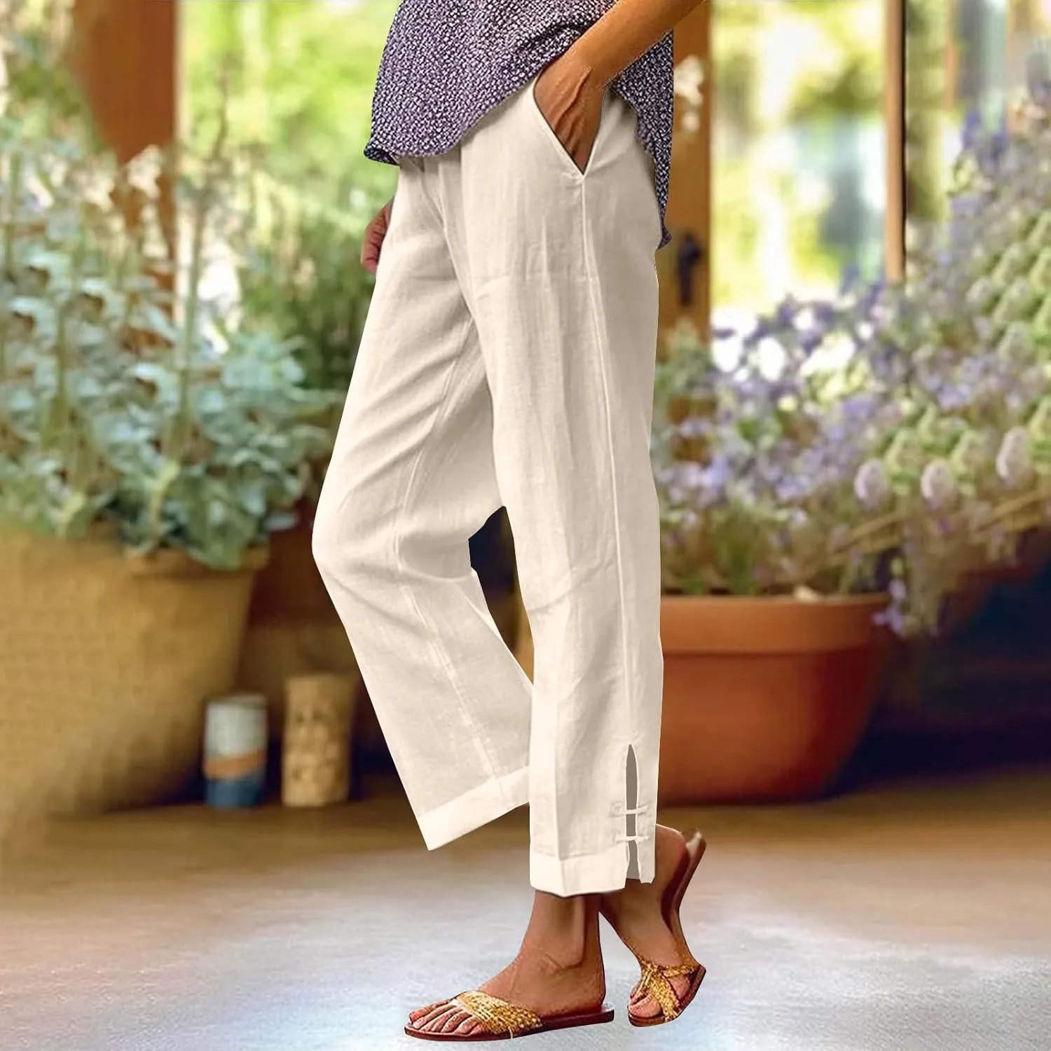 Linen Pants for Women 2025 Summer Waist Elastic Straight Leg Lounge Boho Pant Casual Loose Beach Trousers with Pockets