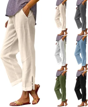 Linen Pants for Women 2025 Summer Waist Elastic Straight Leg Lounge Boho Pant Casual Loose Beach Trousers with Pockets