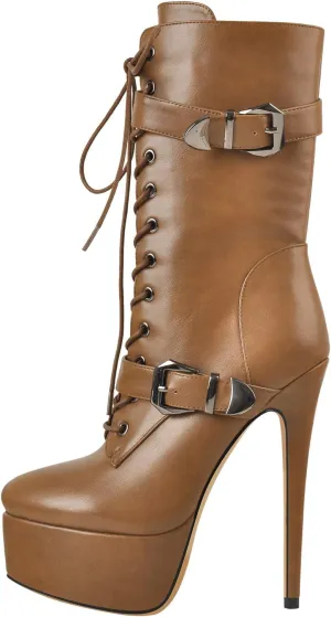 LISHAN Women's Mid-calf Platform Lace Up Straps Stiletto Ankle Boots