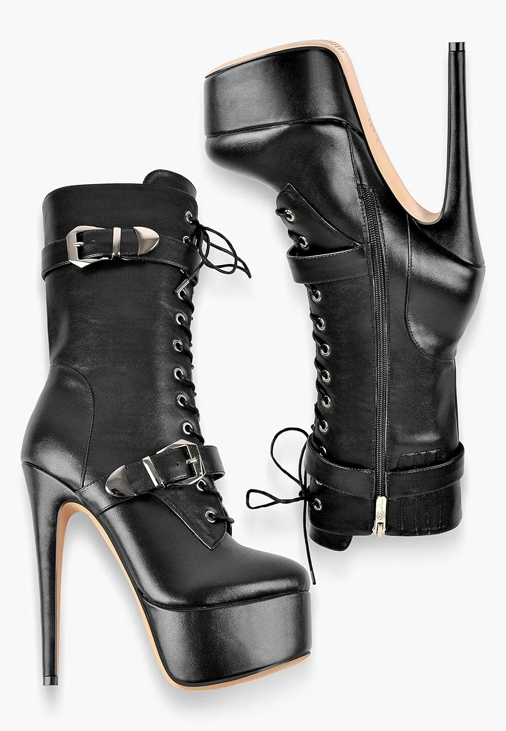 LISHAN Women's Mid-calf Platform Lace Up Straps Stiletto Ankle Boots