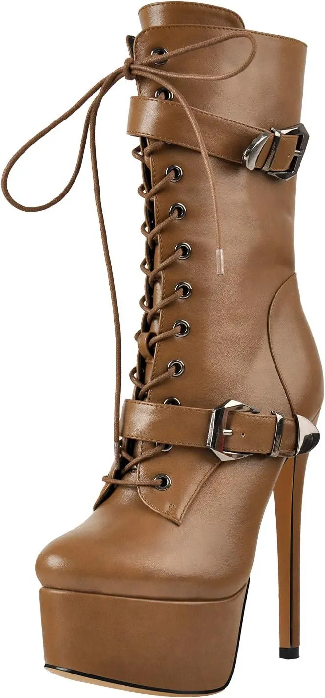 LISHAN Women's Mid-calf Platform Lace Up Straps Stiletto Ankle Boots