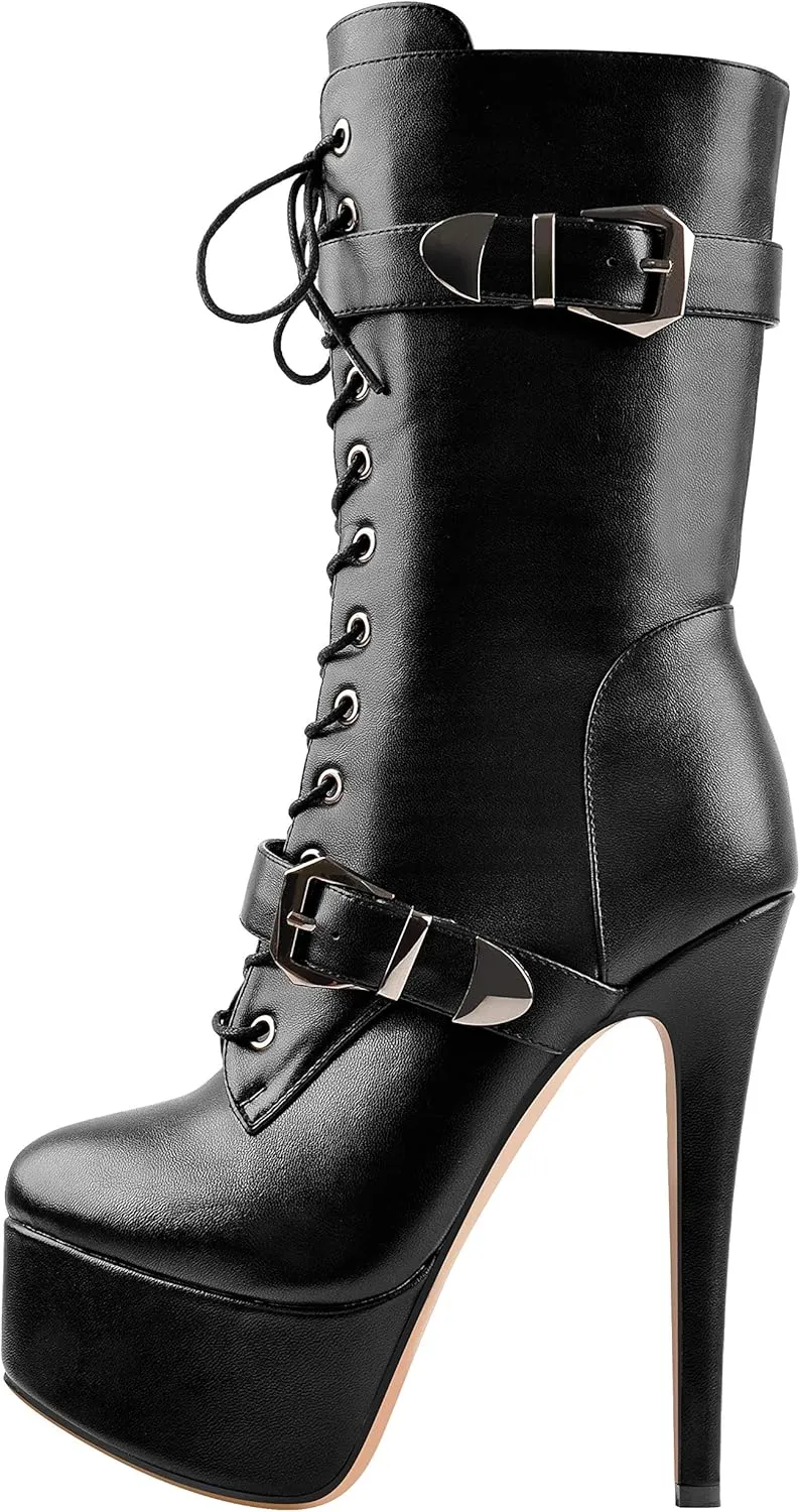 LISHAN Women's Mid-calf Platform Lace Up Straps Stiletto Ankle Boots