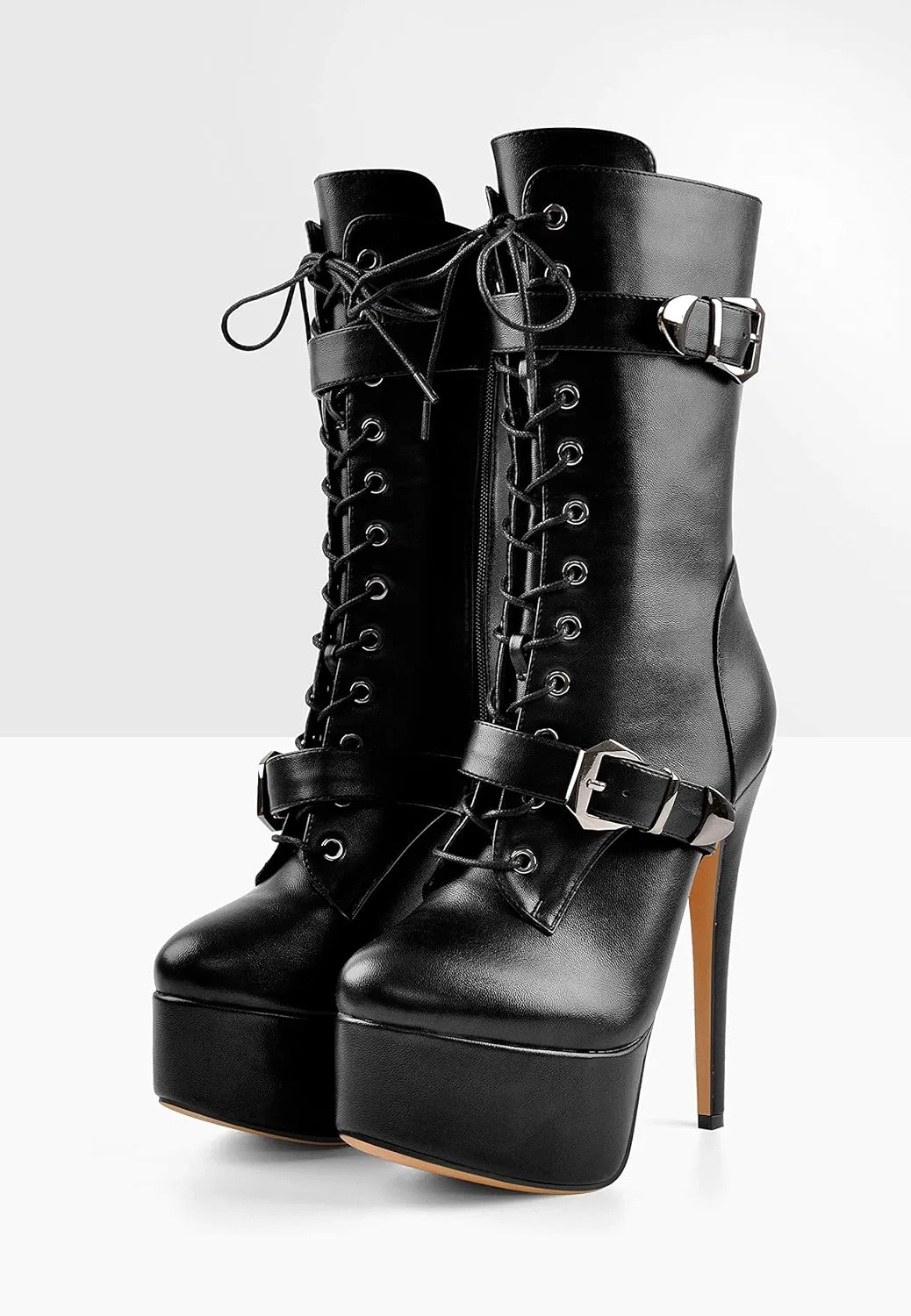 LISHAN Women's Mid-calf Platform Lace Up Straps Stiletto Ankle Boots