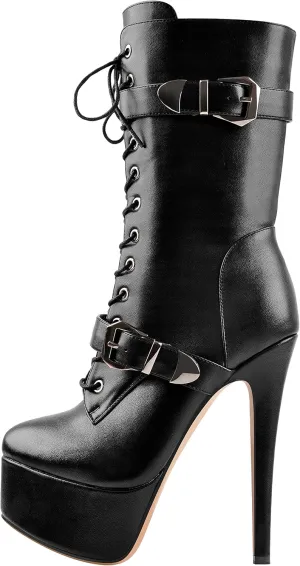 LISHAN Women's Mid-calf Platform Lace Up Straps Stiletto Ankle Boots