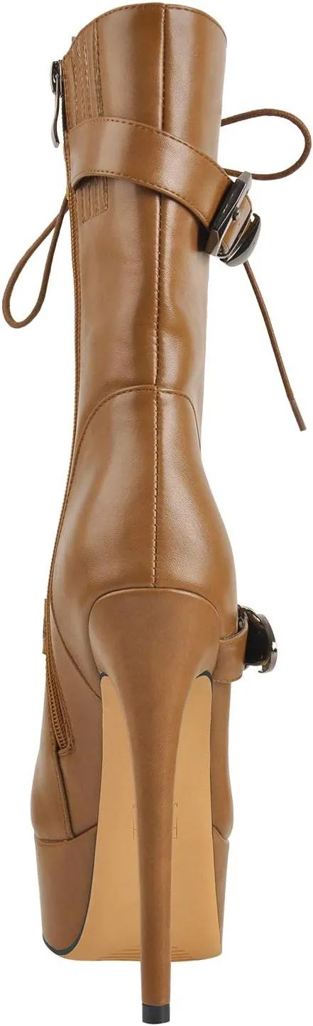 LISHAN Women's Mid-calf Platform Lace Up Straps Stiletto Ankle Boots