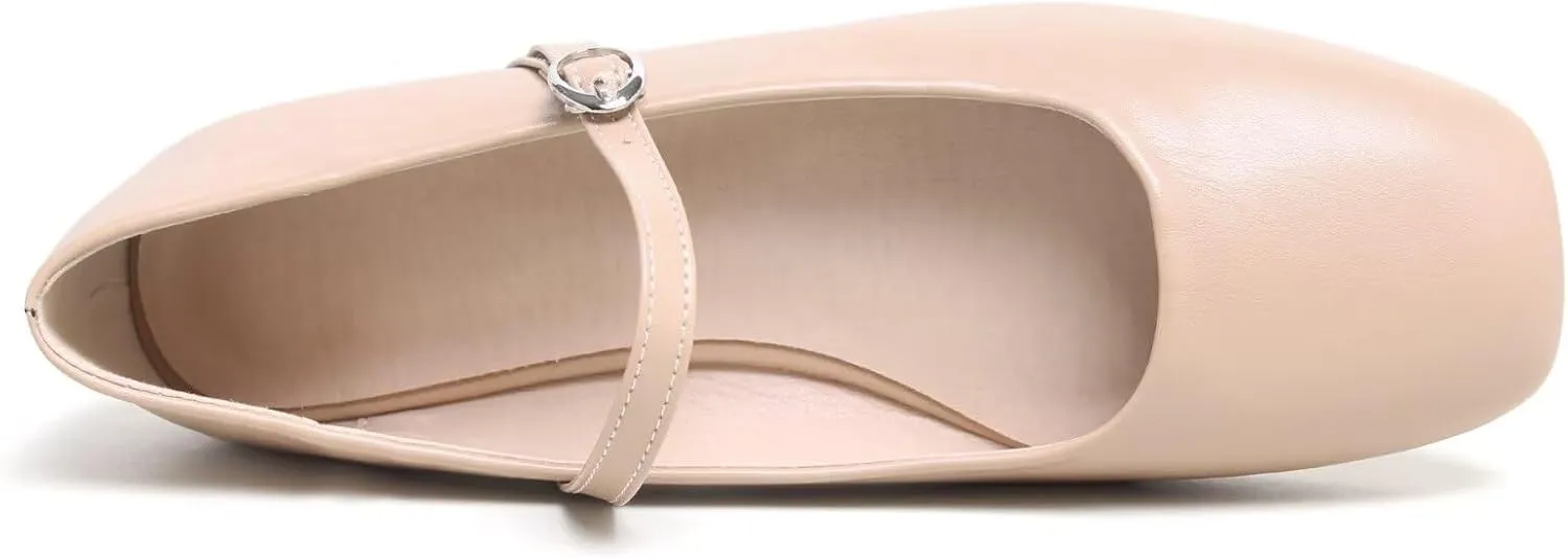LUXINYU Leather Mary Jane Shoes for Women Dressy Square Toe Ankle Strap Ballet Shoes Comfortable Flats