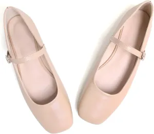 LUXINYU Leather Mary Jane Shoes for Women Dressy Square Toe Ankle Strap Ballet Shoes Comfortable Flats