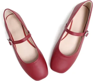 LUXINYU Leather Mary Jane Shoes for Women Dressy Square Toe Ankle Strap Ballet Shoes Comfortable Flats