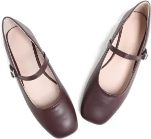 LUXINYU Leather Mary Jane Shoes for Women Dressy Square Toe Ankle Strap Ballet Shoes Comfortable Flats