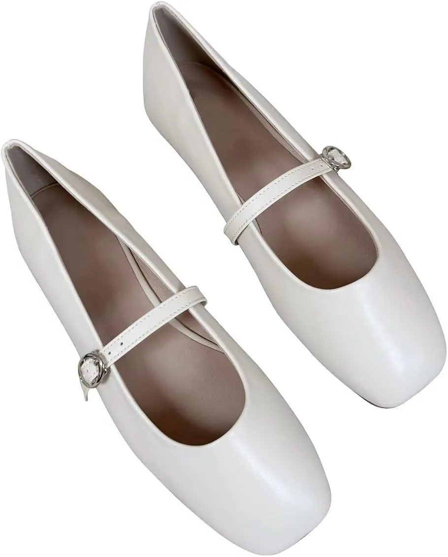 LUXINYU Leather Mary Jane Shoes for Women Dressy Square Toe Ankle Strap Ballet Shoes Comfortable Flats