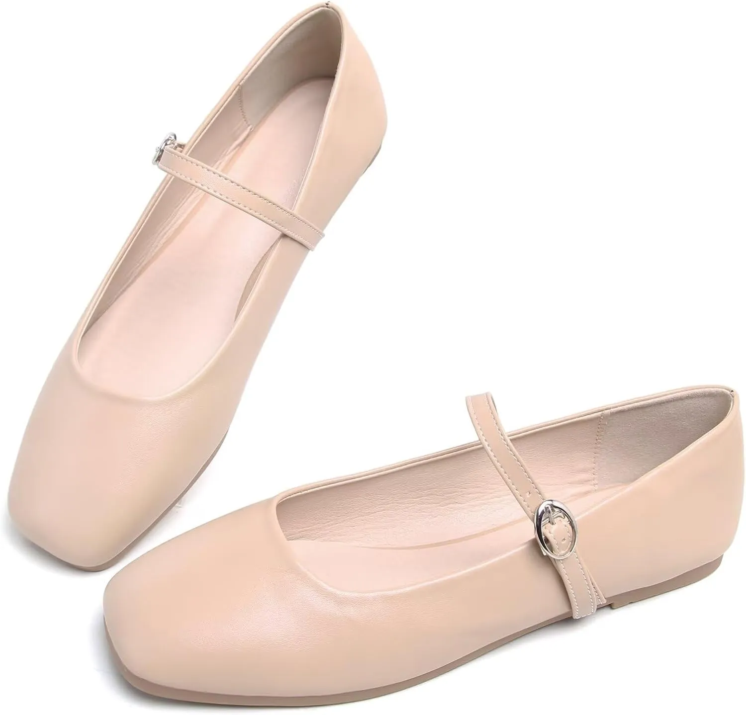 LUXINYU Leather Mary Jane Shoes for Women Dressy Square Toe Ankle Strap Ballet Shoes Comfortable Flats