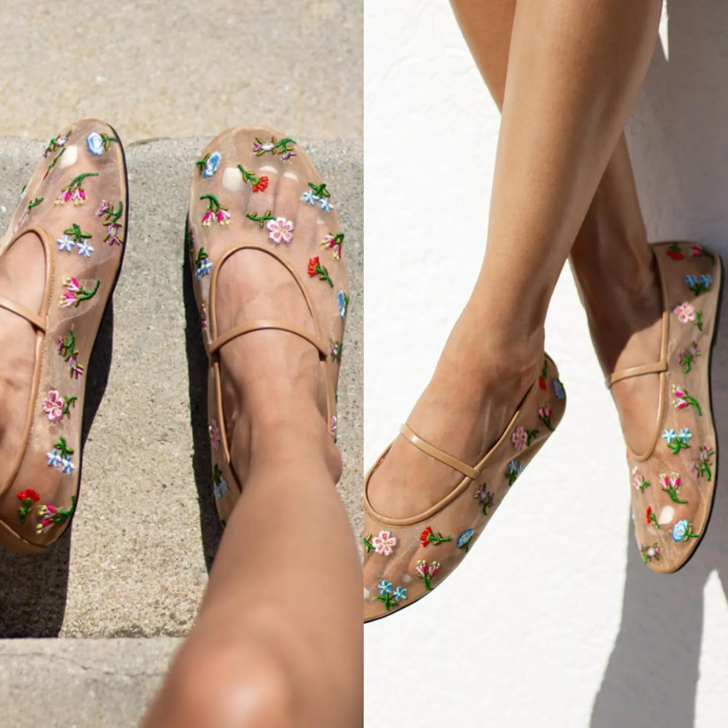 MAVMAX Nude Mesh Ballet Flats for Women Tulle Floral Embroidered Mary Jane Ballerina Round Toe Comfortable Daily Dress Ballet Flats Shoes with Strap