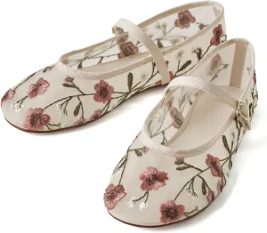 MAVMAX Nude Mesh Ballet Flats for Women Tulle Floral Embroidered Mary Jane Ballerina Round Toe Comfortable Daily Dress Ballet Flats Shoes with Strap