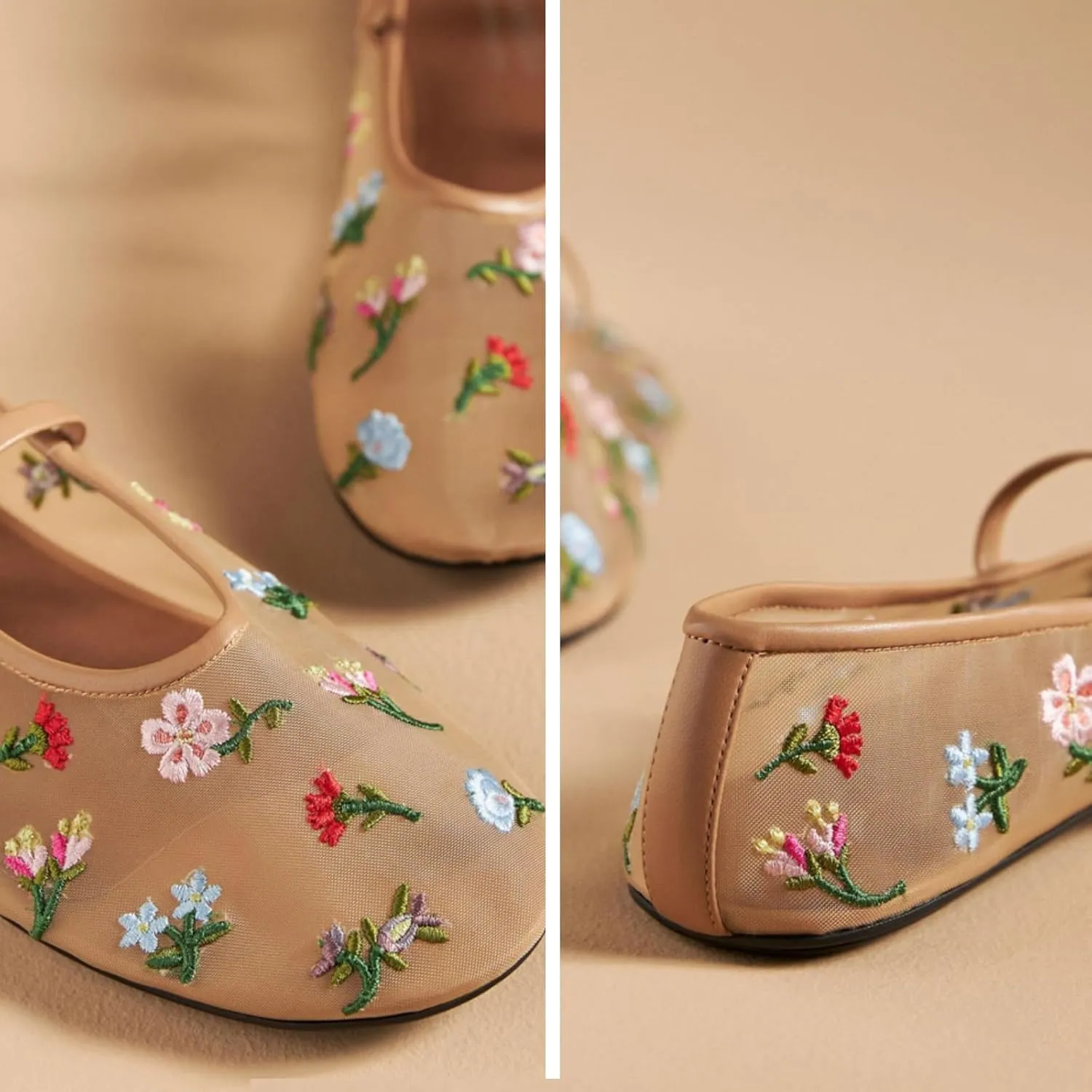 MAVMAX Nude Mesh Ballet Flats for Women Tulle Floral Embroidered Mary Jane Ballerina Round Toe Comfortable Daily Dress Ballet Flats Shoes with Strap