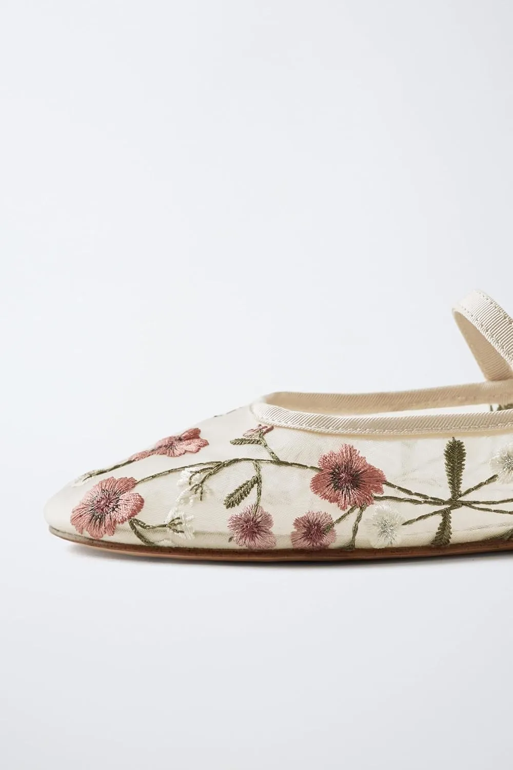 MAVMAX Nude Mesh Ballet Flats for Women Tulle Floral Embroidered Mary Jane Ballerina Round Toe Comfortable Daily Dress Ballet Flats Shoes with Strap