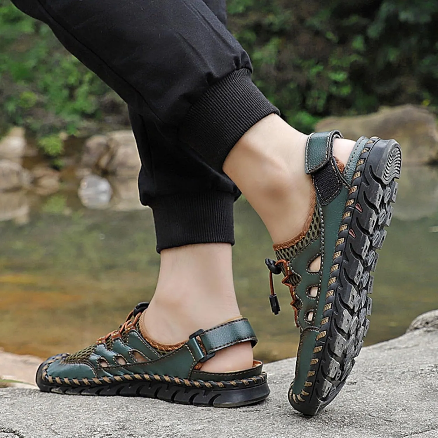 Men'S Closed-Toe Leather Sandals With Splicing Outdoor Breathable Fisherman-Style Shoes Adjustable Straps & Anti-Slip Sole For Hiking Beach Driving Summer Walking – Water-Resistant Comfort