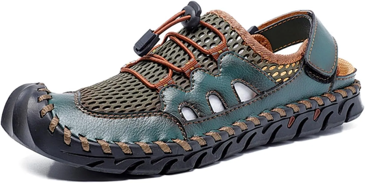 Men'S Closed-Toe Leather Sandals With Splicing Outdoor Breathable Fisherman-Style Shoes Adjustable Straps & Anti-Slip Sole For Hiking Beach Driving Summer Walking – Water-Resistant Comfort