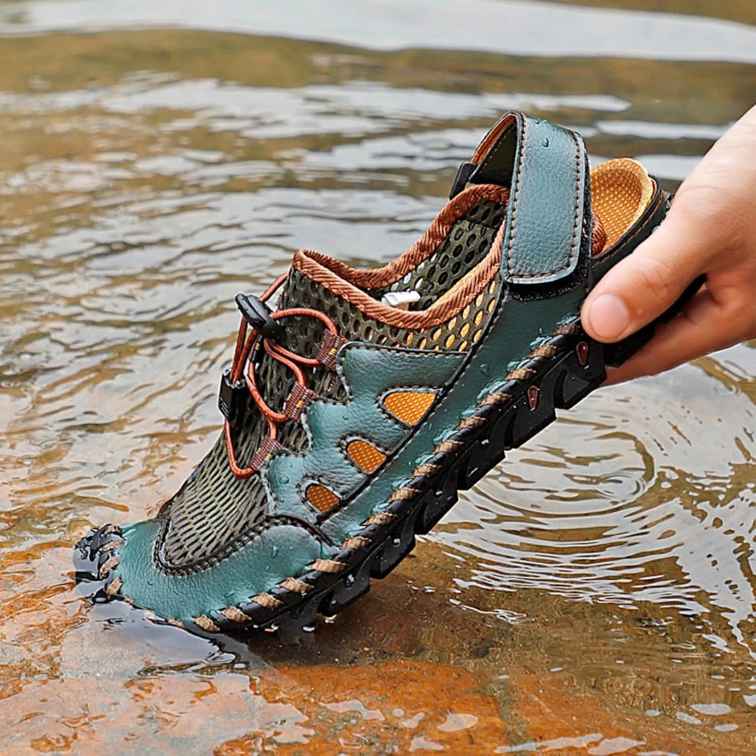 Men'S Closed-Toe Leather Sandals With Splicing Outdoor Breathable Fisherman-Style Shoes Adjustable Straps & Anti-Slip Sole For Hiking Beach Driving Summer Walking – Water-Resistant Comfort