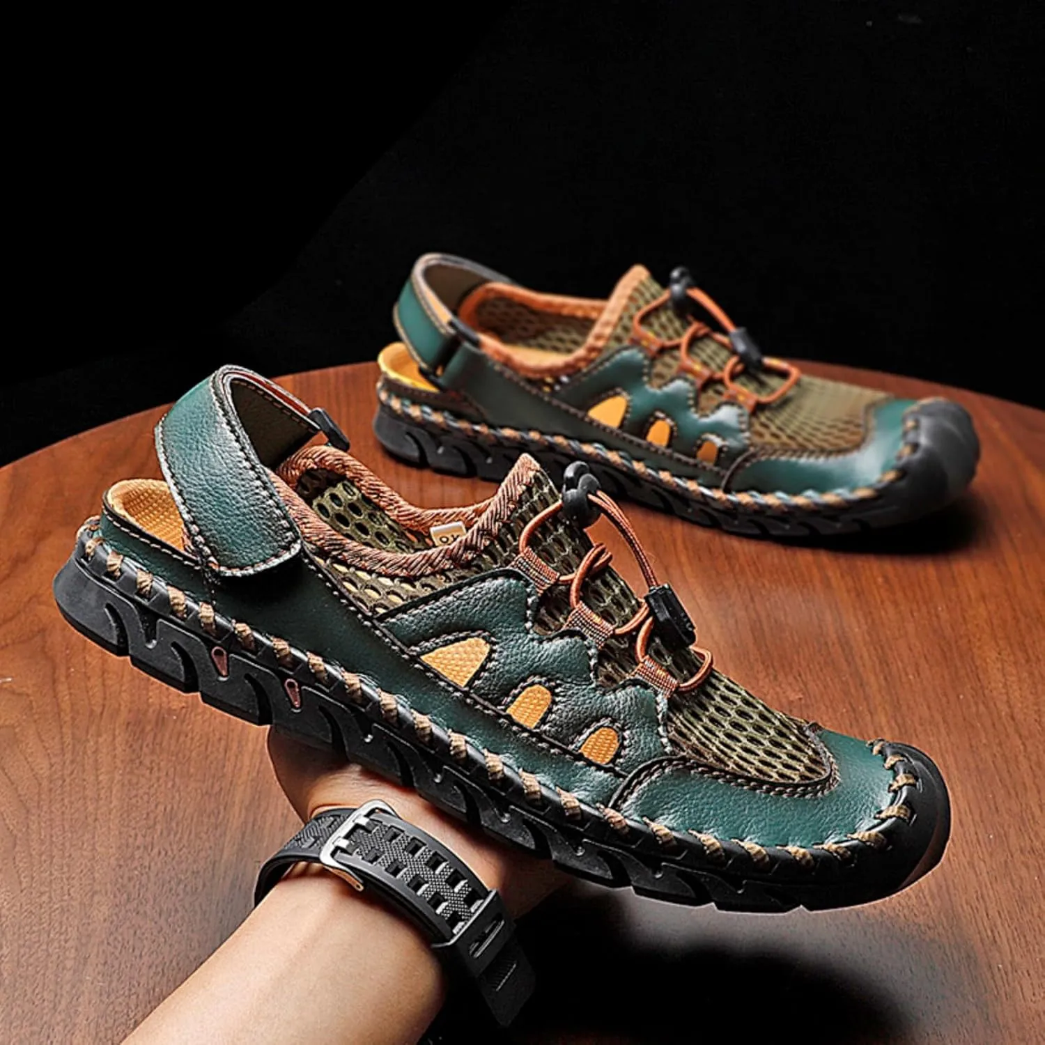 Men'S Closed-Toe Leather Sandals With Splicing Outdoor Breathable Fisherman-Style Shoes Adjustable Straps & Anti-Slip Sole For Hiking Beach Driving Summer Walking – Water-Resistant Comfort