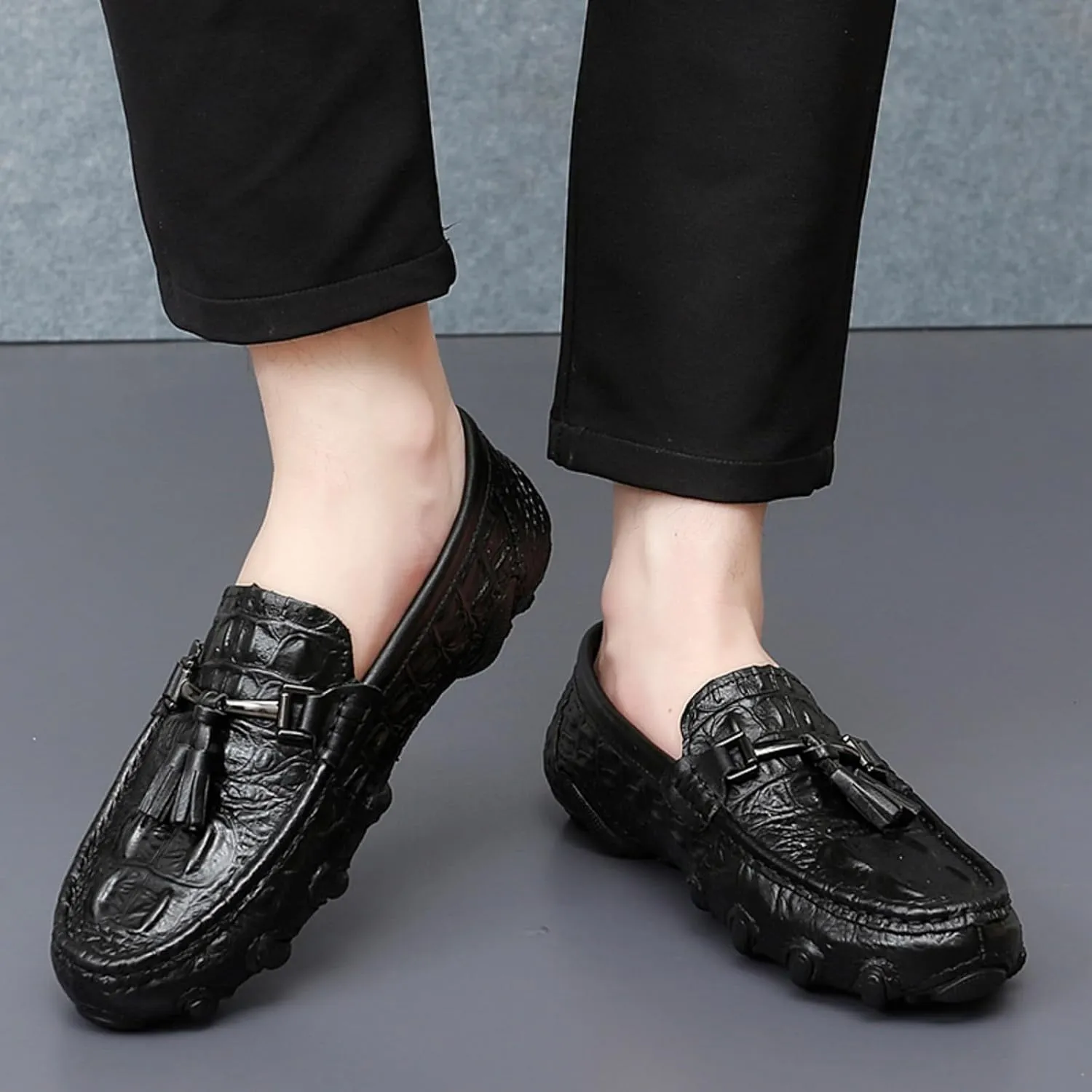Mens Genuine Cowhide Loafers Slip - Ons, Casual Driving Flat Walking Octopus - Styled Moccasin, Business Boat Shoes, Tassel Slipper, for Wedding