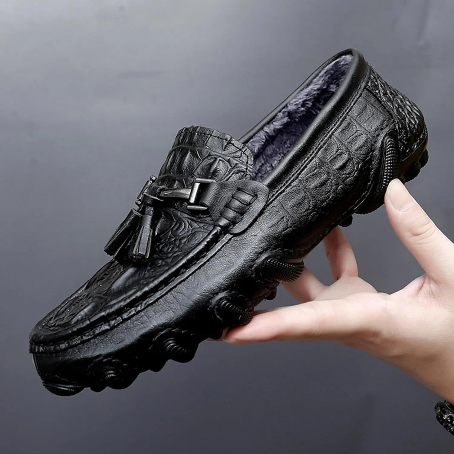 Mens Genuine Cowhide Loafers Slip - Ons, Casual Driving Flat Walking Octopus - Styled Moccasin, Business Boat Shoes, Tassel Slipper, for Wedding