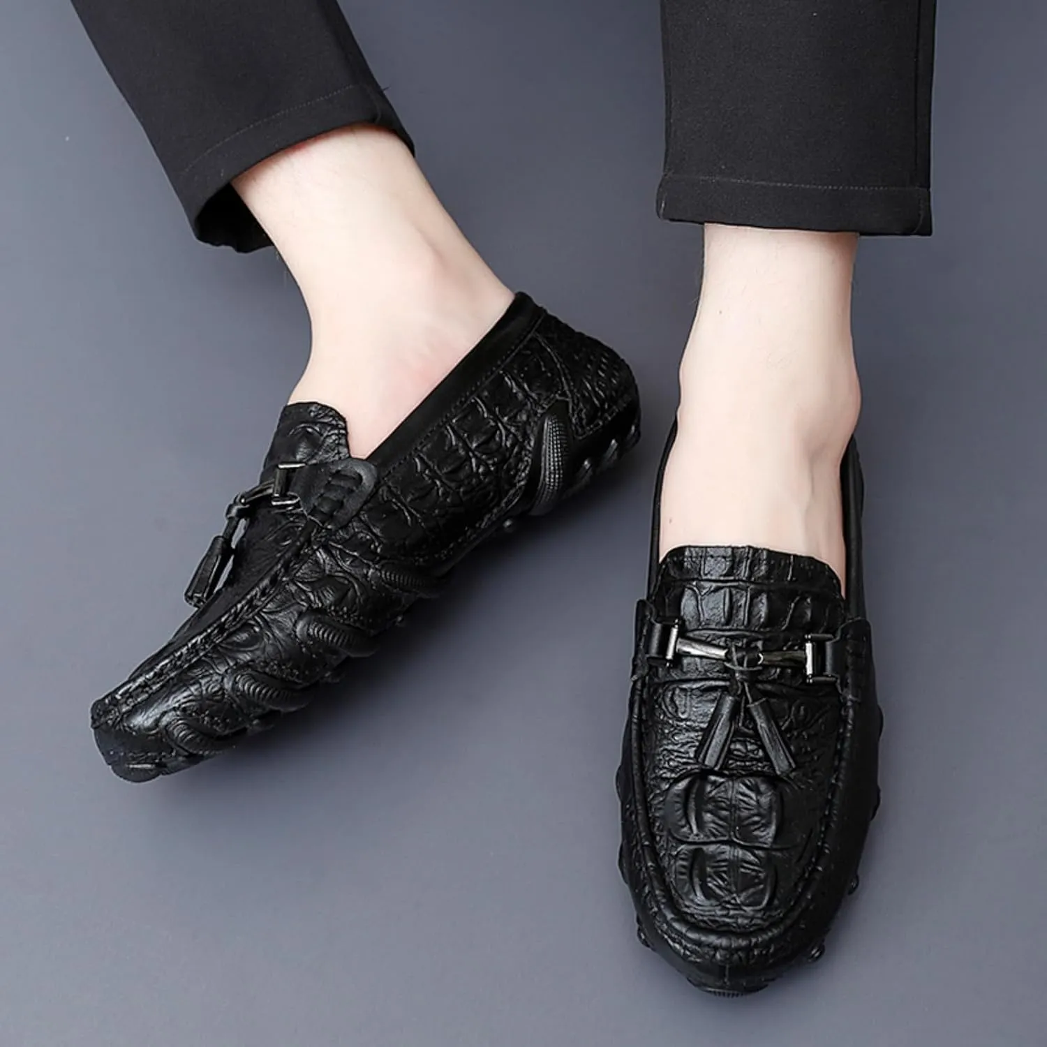 Mens Genuine Cowhide Loafers Slip - Ons, Casual Driving Flat Walking Octopus - Styled Moccasin, Business Boat Shoes, Tassel Slipper, for Wedding