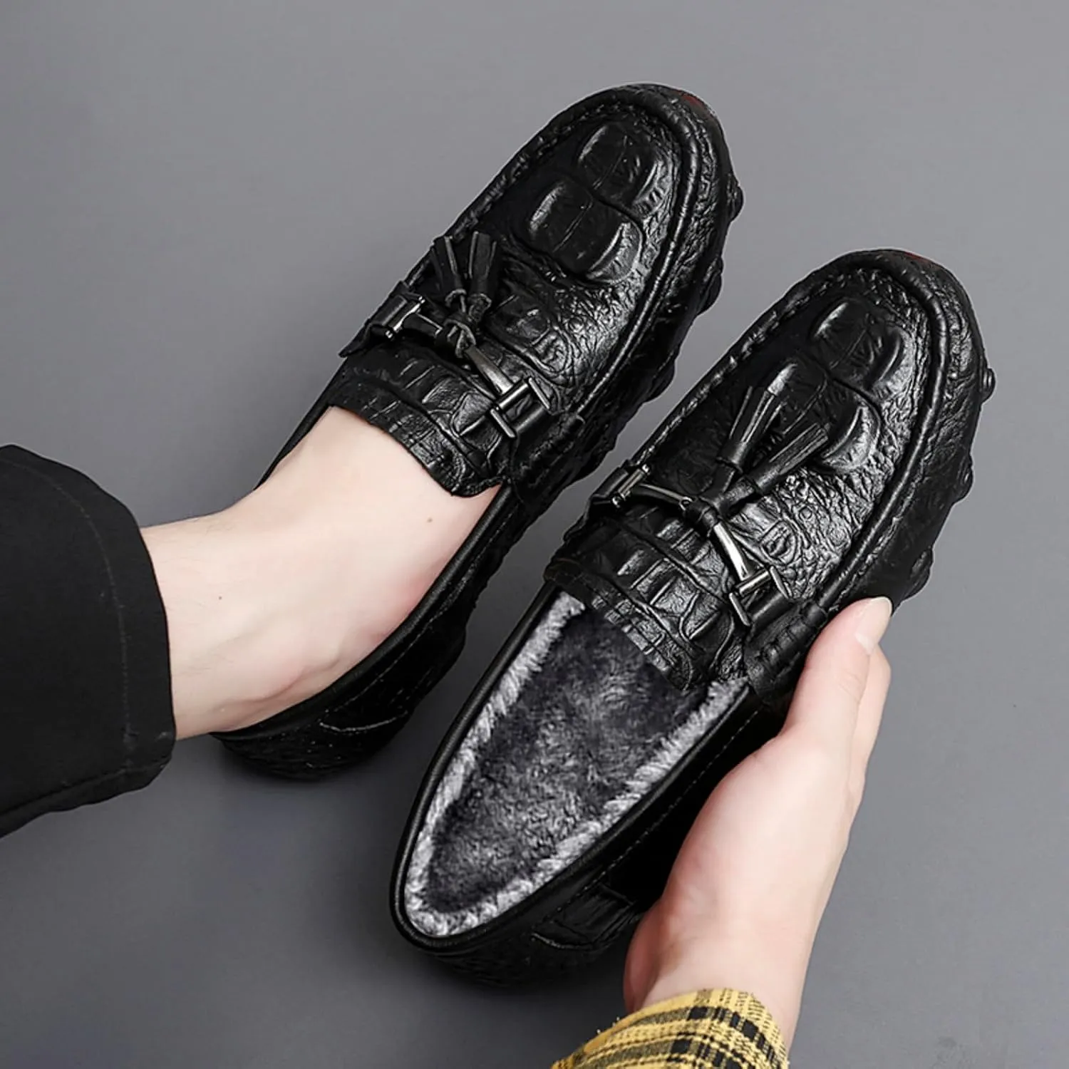 Mens Genuine Cowhide Loafers Slip - Ons, Casual Driving Flat Walking Octopus - Styled Moccasin, Business Boat Shoes, Tassel Slipper, for Wedding