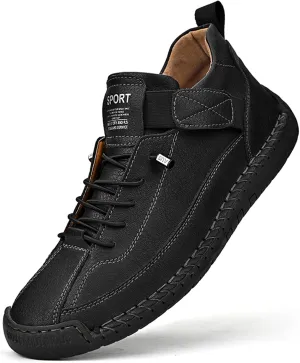 Men'S Hand Stitching Leather Chukka Ankle Boots with Adjustable Elastic Band Casual Slip-On Non-Slip Walking Loafers Retro High Top Flat Shoes