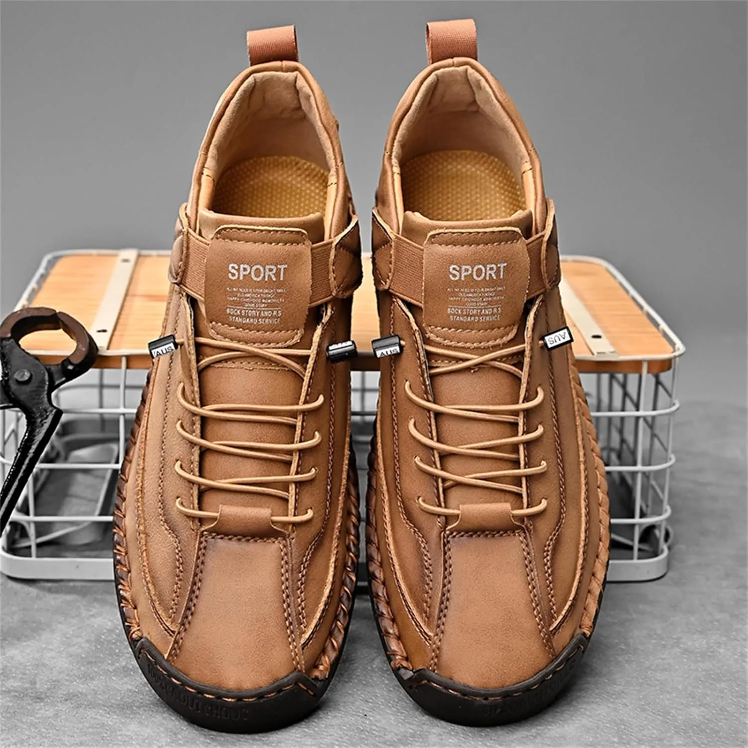 Men'S Hand Stitching Leather Chukka Ankle Boots with Adjustable Elastic Band Casual Slip-On Non-Slip Walking Loafers Retro High Top Flat Shoes
