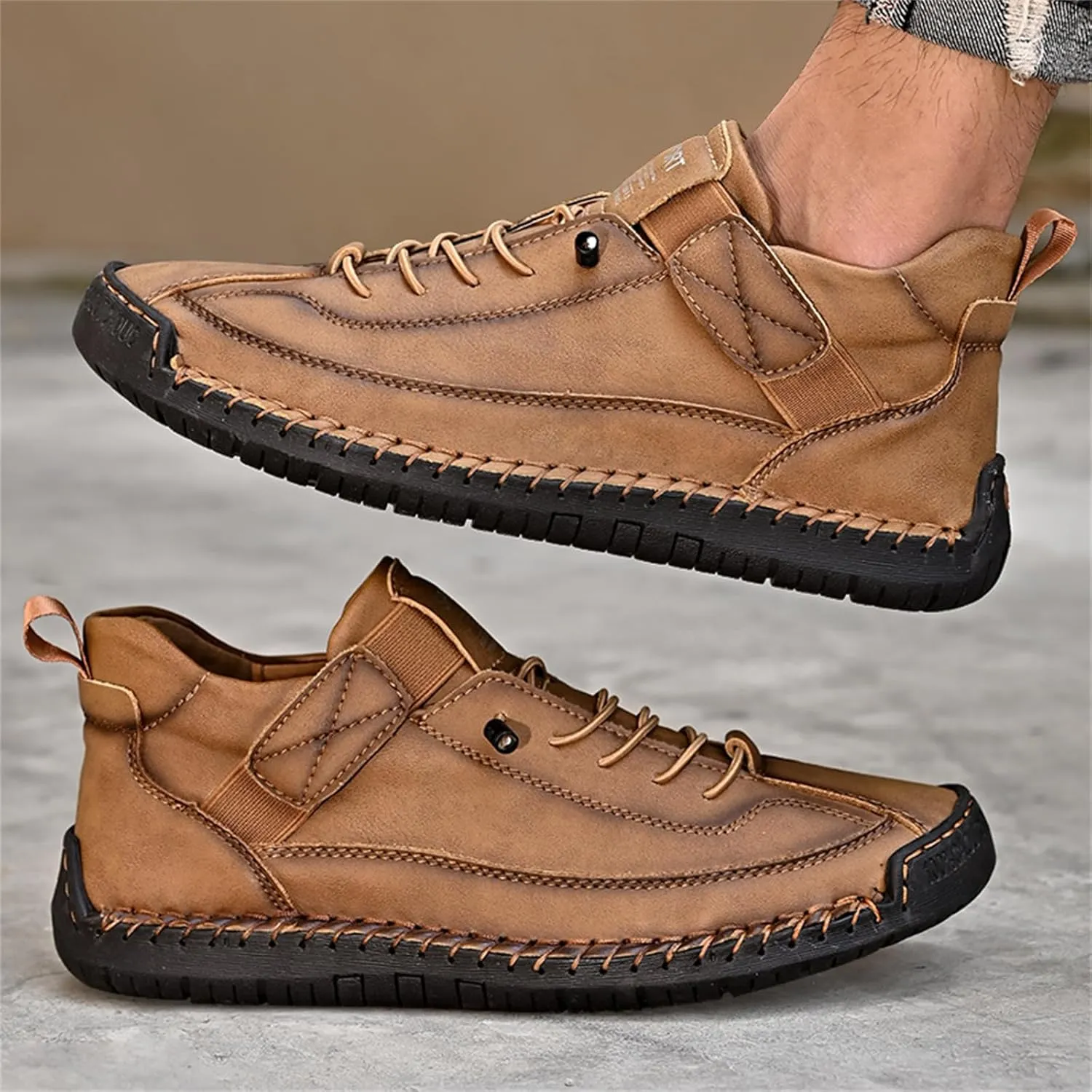 Men'S Hand Stitching Leather Chukka Ankle Boots with Adjustable Elastic Band Casual Slip-On Non-Slip Walking Loafers Retro High Top Flat Shoes