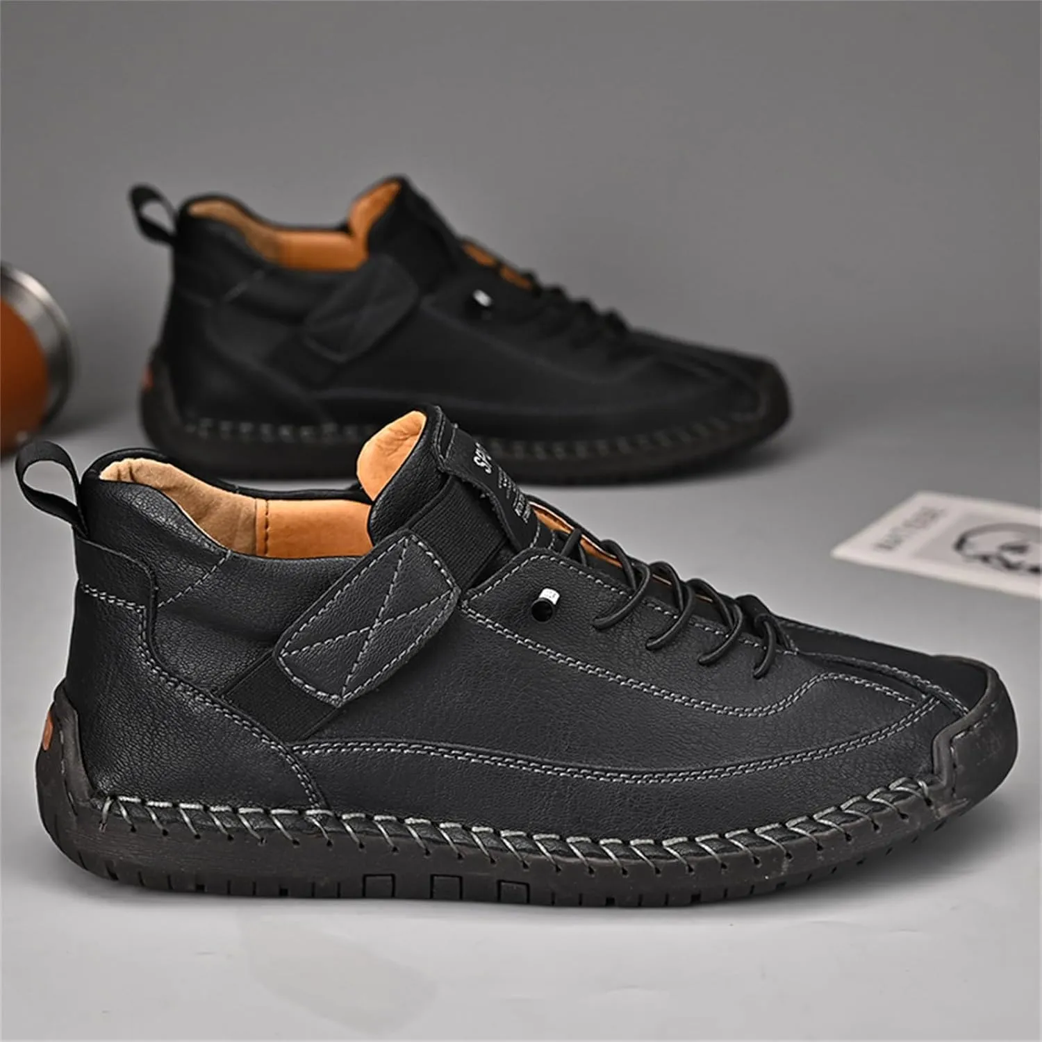 Men'S Hand Stitching Leather Chukka Ankle Boots with Adjustable Elastic Band Casual Slip-On Non-Slip Walking Loafers Retro High Top Flat Shoes