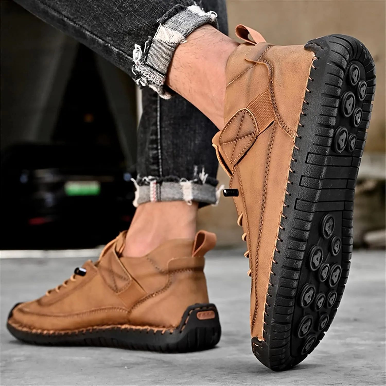 Men'S Hand Stitching Leather Chukka Ankle Boots with Adjustable Elastic Band Casual Slip-On Non-Slip Walking Loafers Retro High Top Flat Shoes
