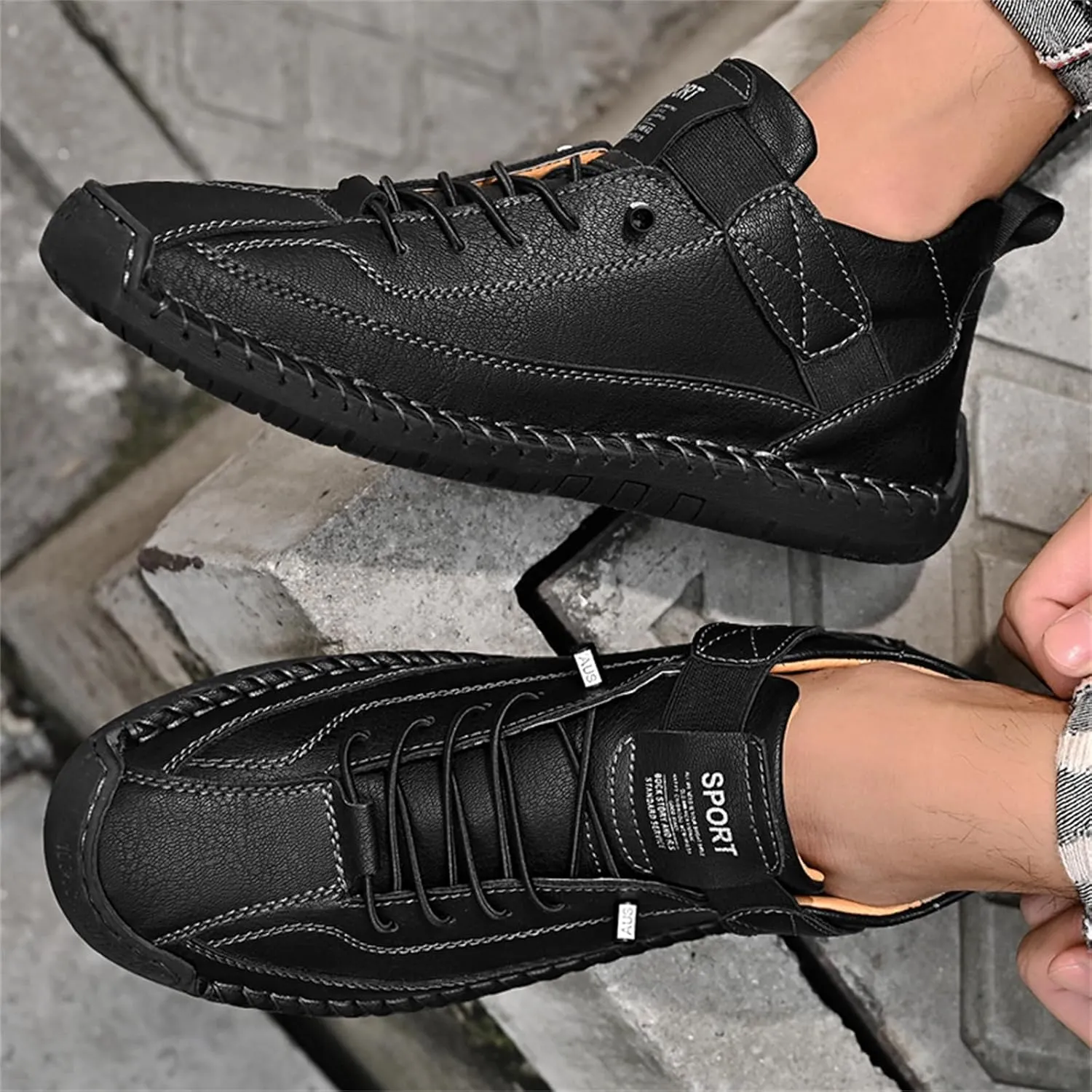 Men'S Hand Stitching Leather Chukka Ankle Boots with Adjustable Elastic Band Casual Slip-On Non-Slip Walking Loafers Retro High Top Flat Shoes