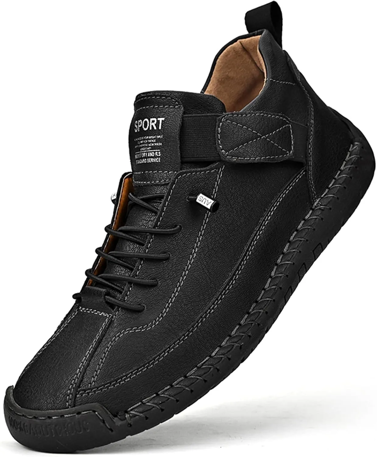 Men'S Hand Stitching Leather Chukka Ankle Boots with Adjustable Elastic Band Casual Slip-On Non-Slip Walking Loafers Retro High Top Flat Shoes