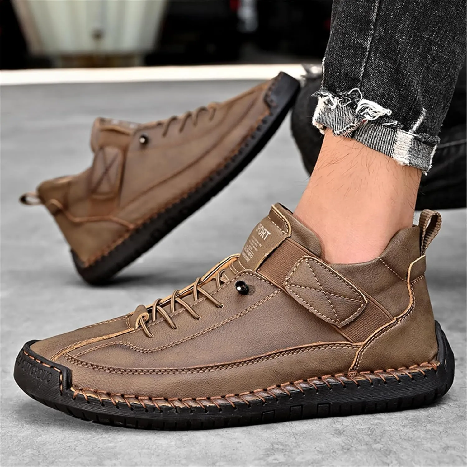 Men'S Hand Stitching Leather Chukka Ankle Boots with Adjustable Elastic Band Casual Slip-On Non-Slip Walking Loafers Retro High Top Flat Shoes