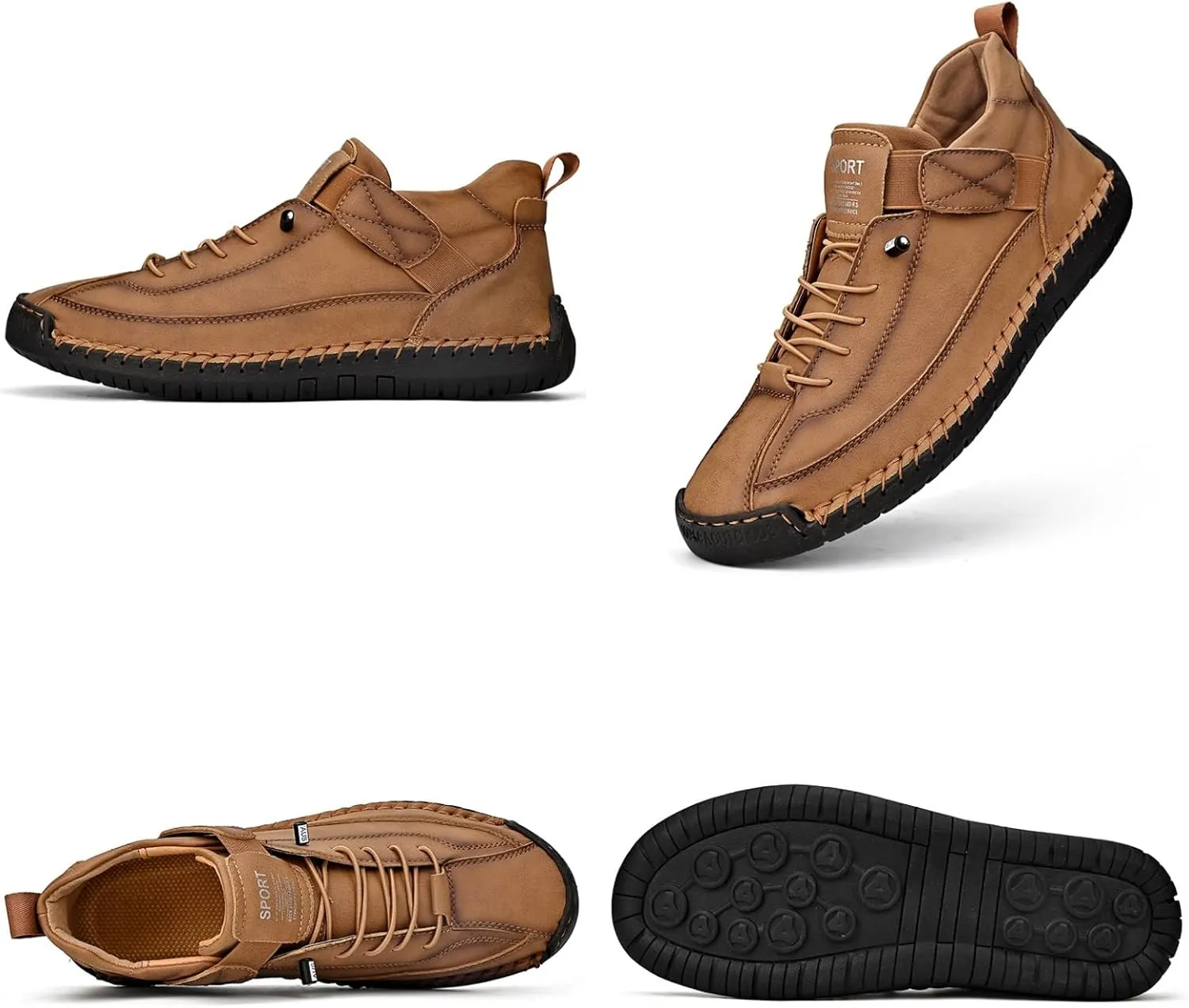 Men'S Hand Stitching Leather Chukka Ankle Boots with Adjustable Elastic Band Casual Slip-On Non-Slip Walking Loafers Retro High Top Flat Shoes