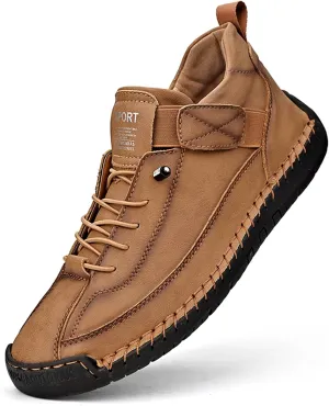 Men'S Hand Stitching Leather Chukka Ankle Boots with Adjustable Elastic Band Casual Slip-On Non-Slip Walking Loafers Retro High Top Flat Shoes