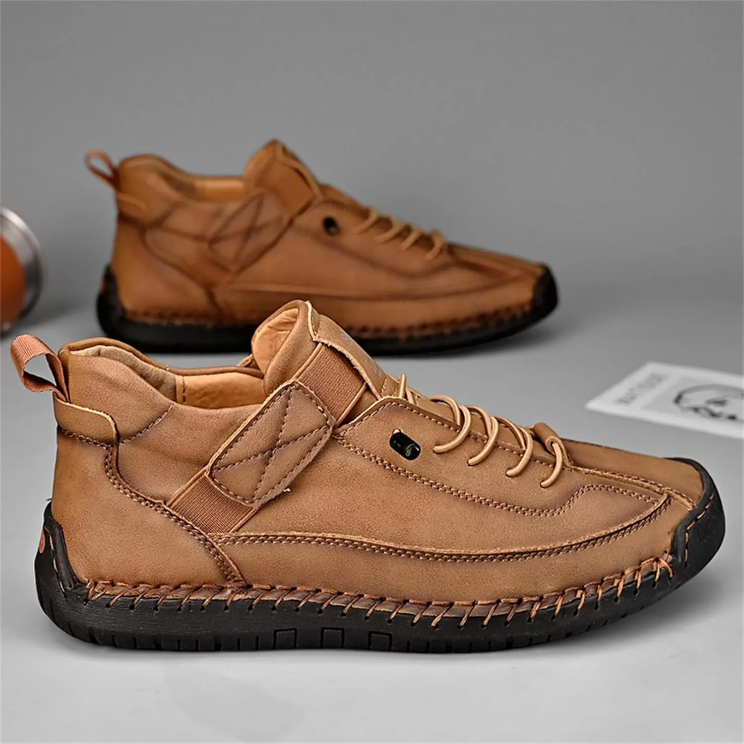 Men'S Hand Stitching Leather Chukka Ankle Boots with Adjustable Elastic Band Casual Slip-On Non-Slip Walking Loafers Retro High Top Flat Shoes