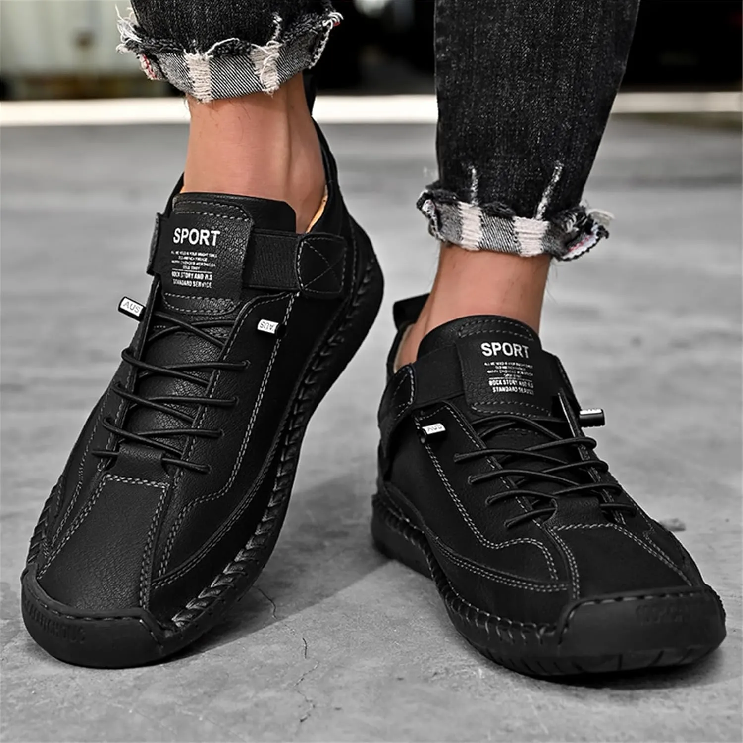 Men'S Hand Stitching Leather Chukka Ankle Boots with Adjustable Elastic Band Casual Slip-On Non-Slip Walking Loafers Retro High Top Flat Shoes