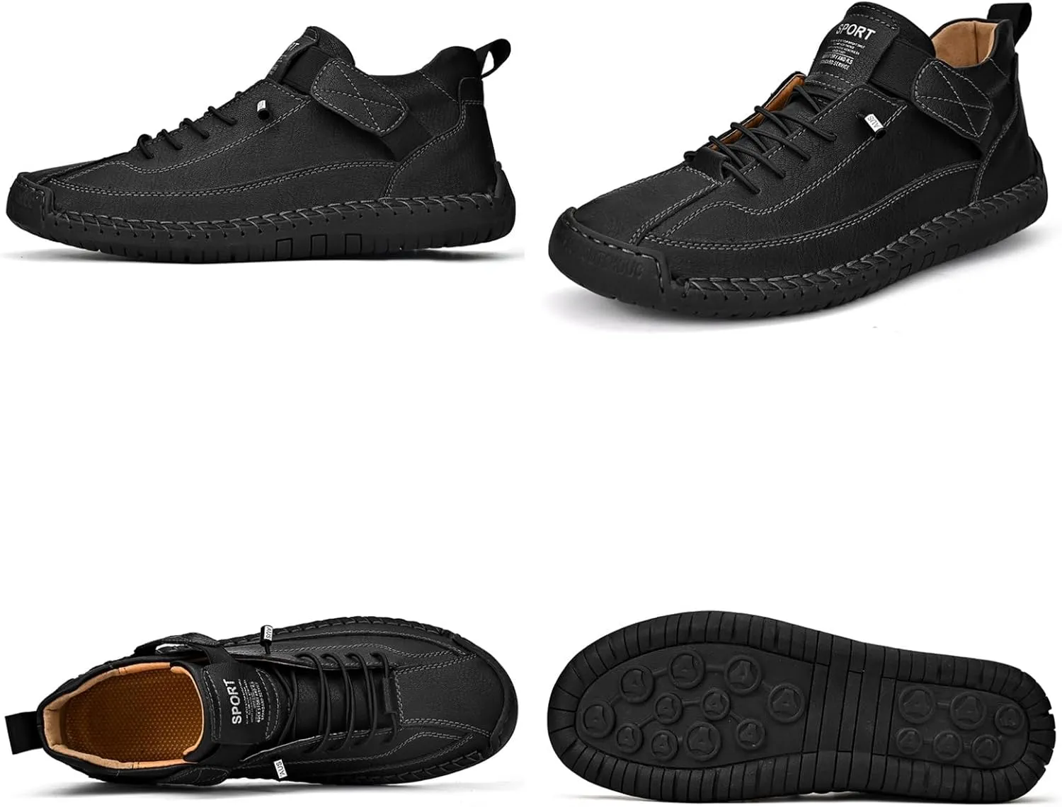 Men'S Hand Stitching Leather Chukka Ankle Boots with Adjustable Elastic Band Casual Slip-On Non-Slip Walking Loafers Retro High Top Flat Shoes