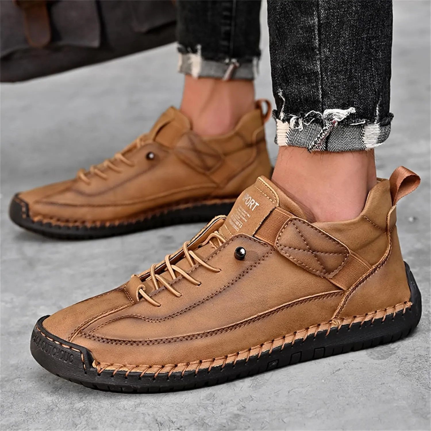 Men'S Hand Stitching Leather Chukka Ankle Boots with Adjustable Elastic Band Casual Slip-On Non-Slip Walking Loafers Retro High Top Flat Shoes