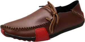 Men's Leather Flat Casual Driving Loafers with Side Laces Comfort Classic Round Toe Non-Slip Business Moccasin Walking Boat Shoes for Work Outdoor