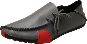 Men's Leather Flat Casual Driving Loafers with Side Laces Comfort Classic Round Toe Non-Slip Business Moccasin Walking Boat Shoes for Work Outdoor