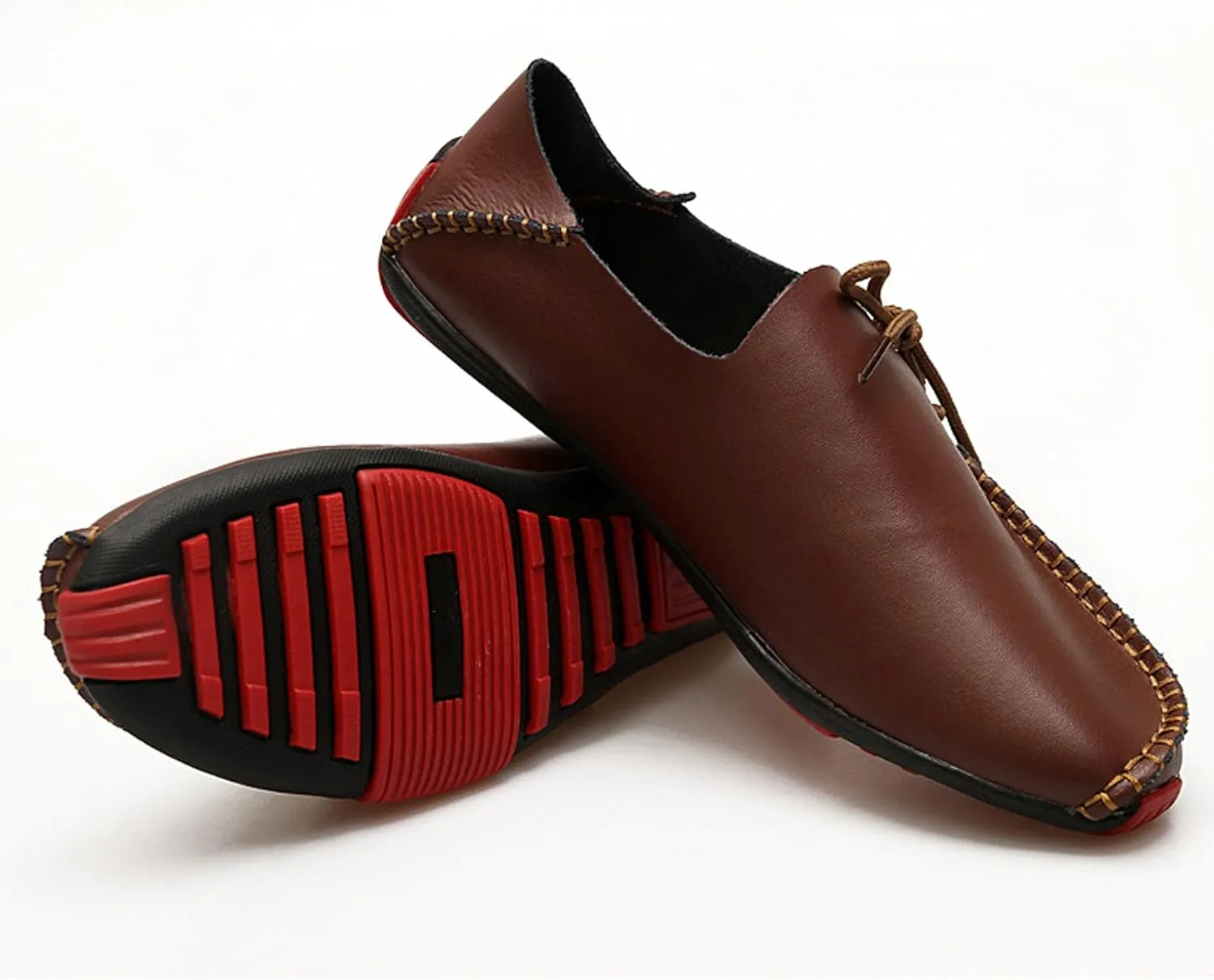 Men's Leather Flat Casual Driving Loafers with Side Laces Comfort Classic Round Toe Non-Slip Business Moccasin Walking Boat Shoes for Work Outdoor