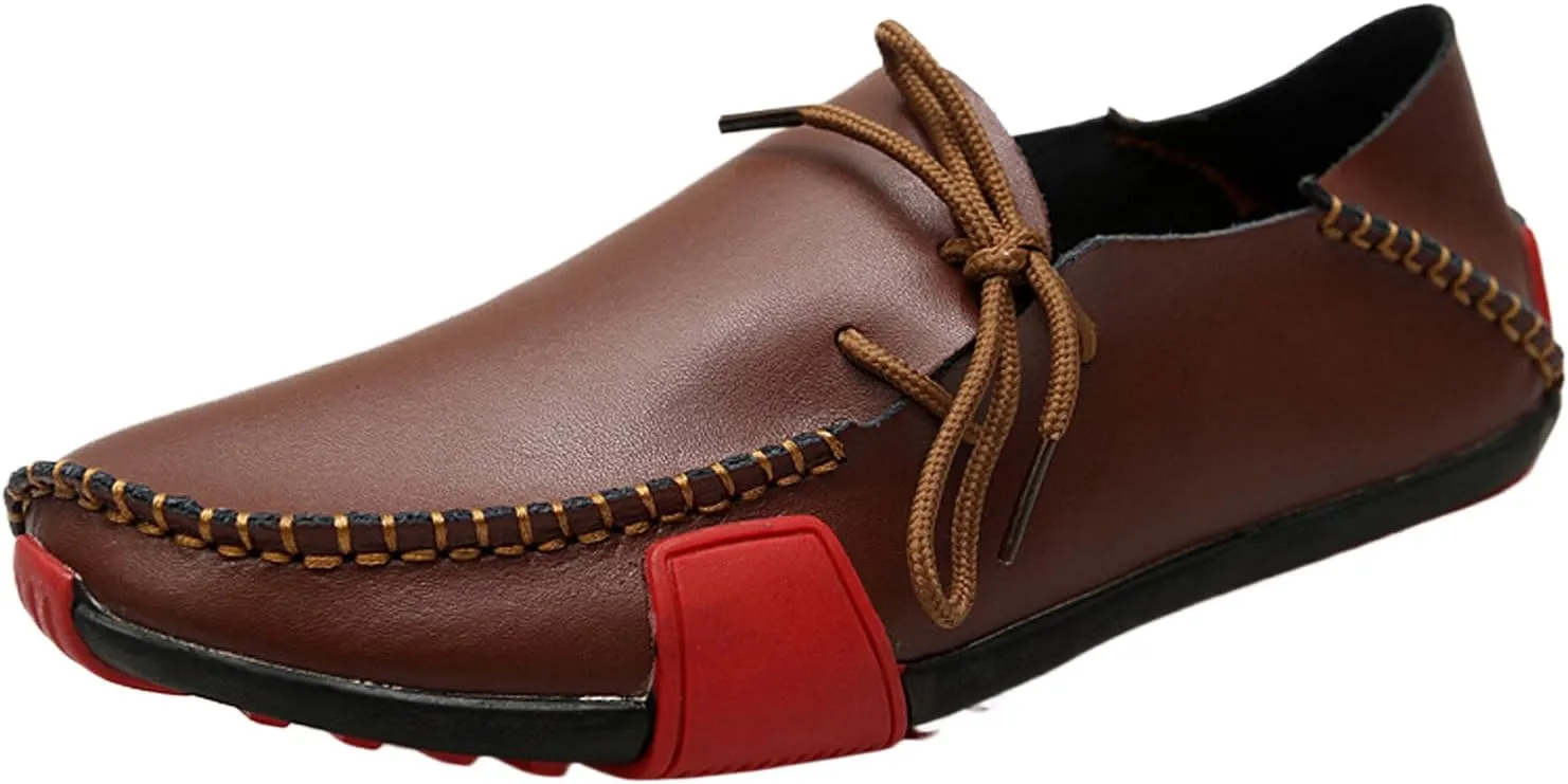 Men's Leather Flat Casual Driving Loafers with Side Laces Comfort Classic Round Toe Non-Slip Business Moccasin Walking Boat Shoes for Work Outdoor