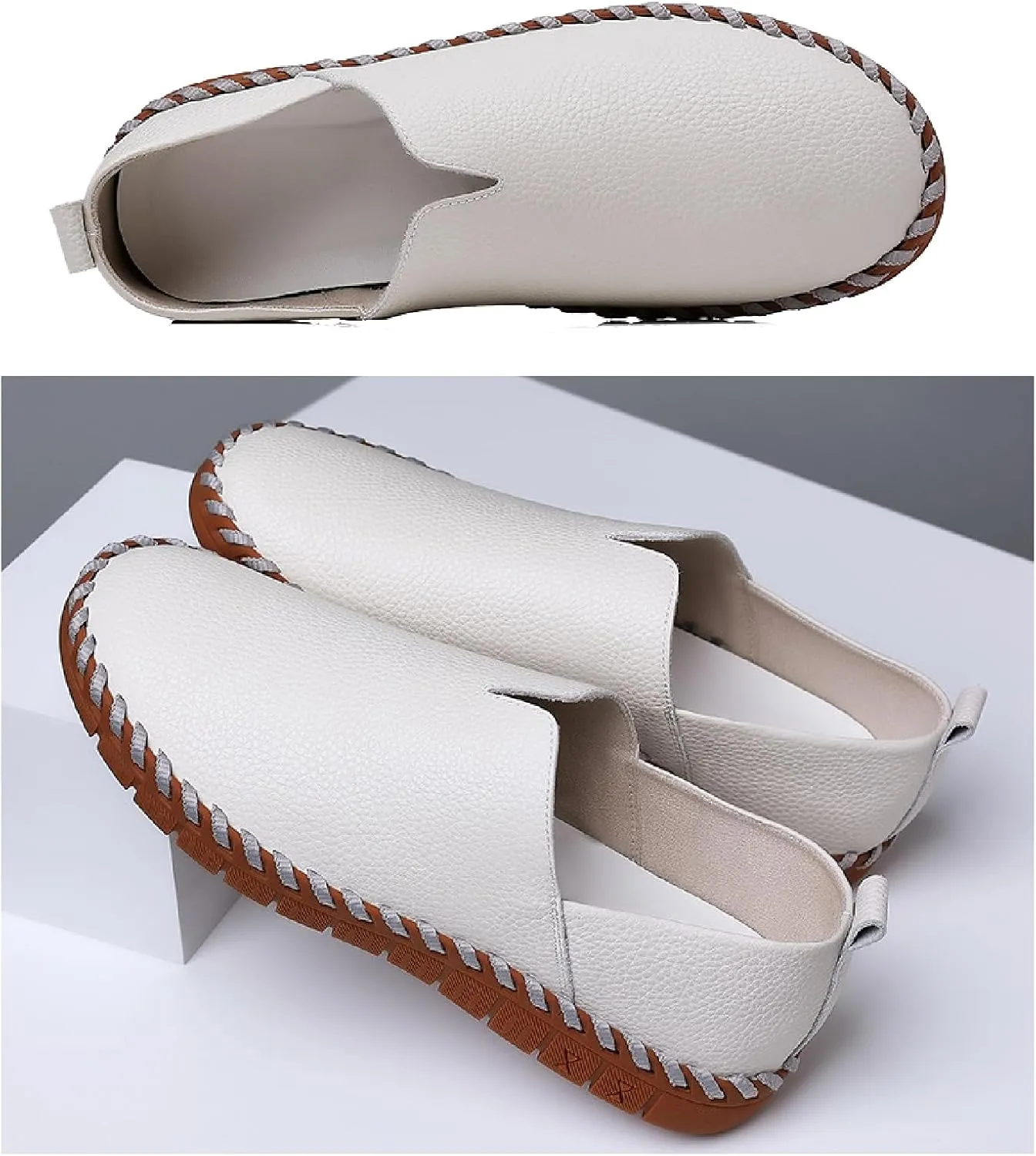 Men's Leather Hand Stitching Penny Loafers Lightweight Breathable Round Toe Slip On Flat Moccasins Outdoor Casual Driving Walking Shoes