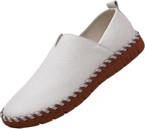 Men's Leather Hand Stitching Penny Loafers Lightweight Breathable Round Toe Slip On Flat Moccasins Outdoor Casual Driving Walking Shoes