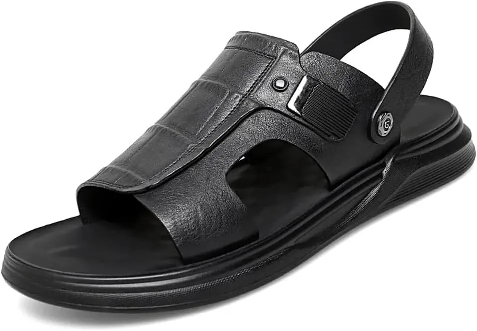 Men's Leather Sandals Dual-Purpose Shoes Beach Summmer Flats Man Slides Leisure Walk Men Slippers(39)
